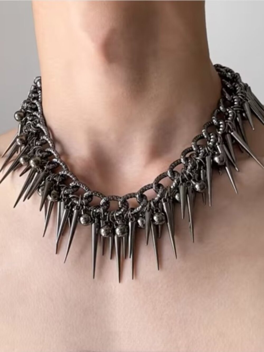 DESIGNER Rocker Chic Gunmetal Spike & Ball Statement Choker Necklace**NEW!